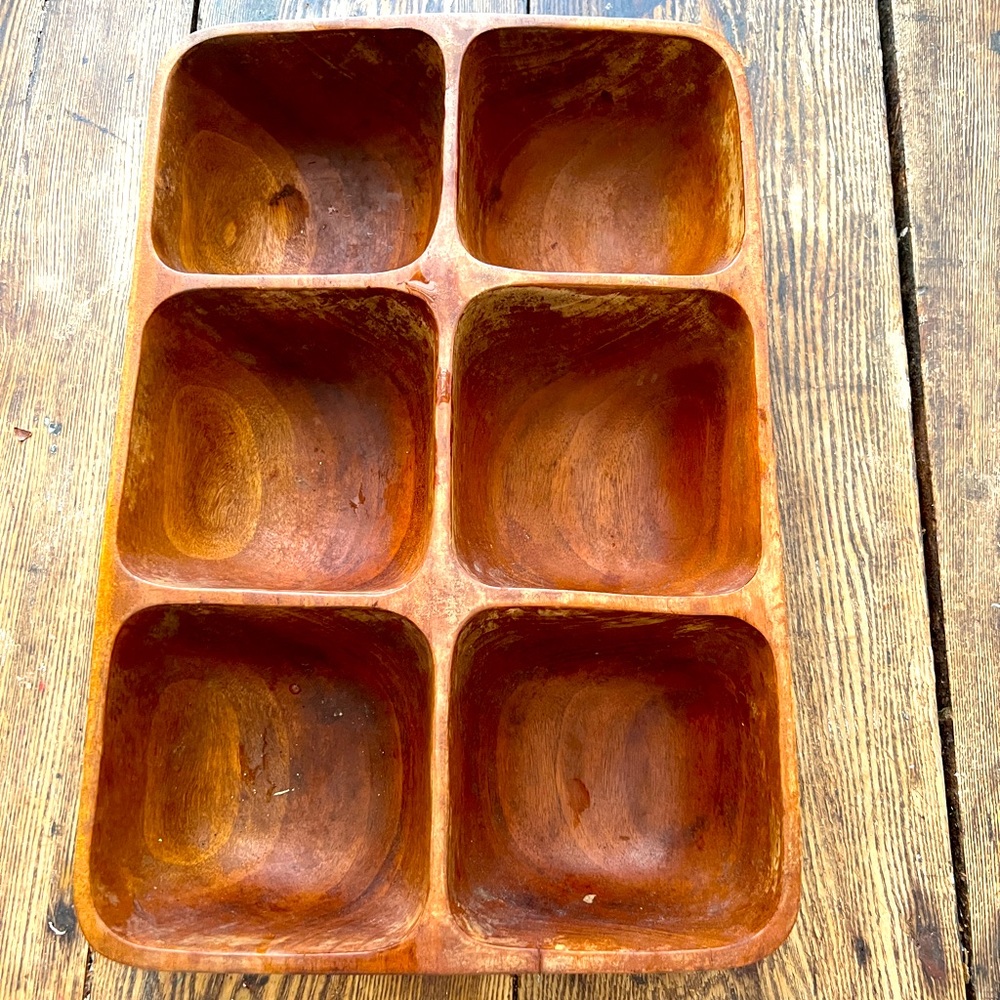 Vintage Acacia Serving Dish Tray Square Bowl of 6